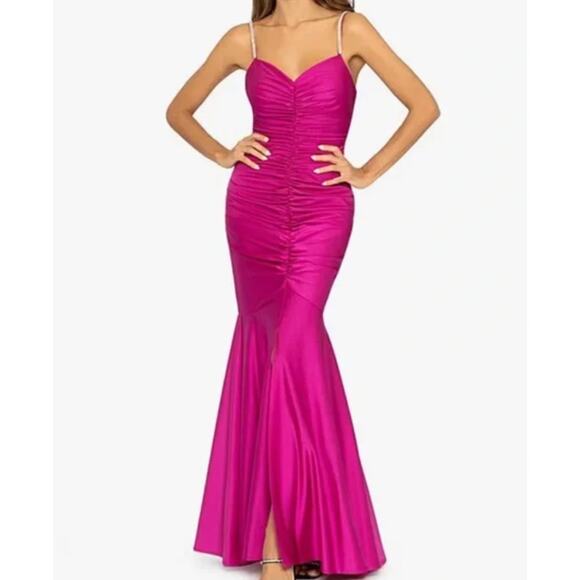 XSCAPE Rhinestone Strap Ruched Seam Sleeveless Gown Pink Formal Stretch US 2 NWT - Picture 1 of 16